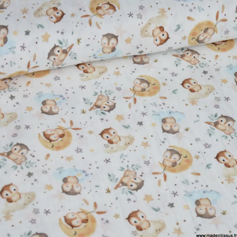 Tissu double gaze de coton Chouzel Hiboux, lunes et étoiles - OEKO TEX