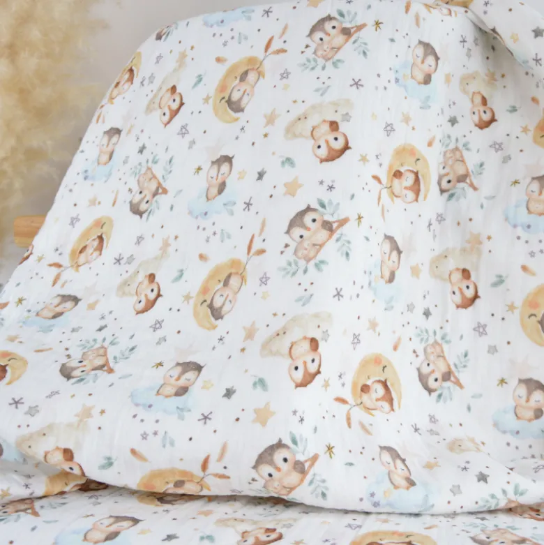 Tissu double gaze de coton Chouzel Hiboux, lunes et étoiles - OEKO TEX