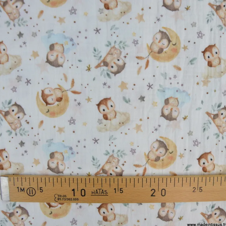 Tissu double gaze de coton Chouzel Hiboux, lunes et étoiles - OEKO TEX