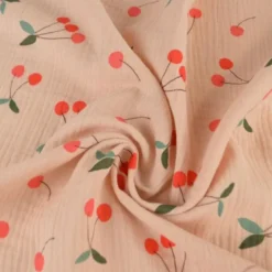 Tissu double gaze de coton Clafoutis motif cerises fond skin