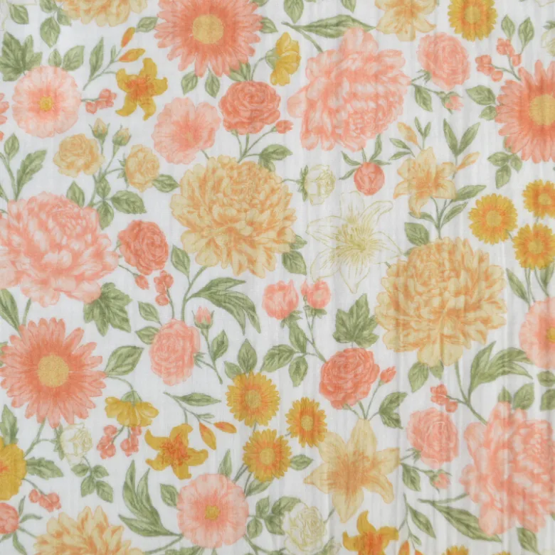 Tissu double gaze de coton Elisabeth motif fleurs tons roses et Abricot