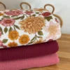 Tissu double gaze de coton Elisabeth motif fleurs tons roses et ocre