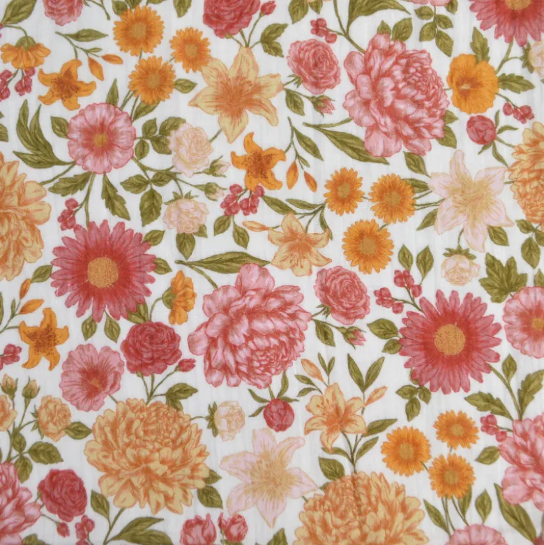 Tissu double gaze de coton Elisabeth motif fleurs tons roses et ocre
