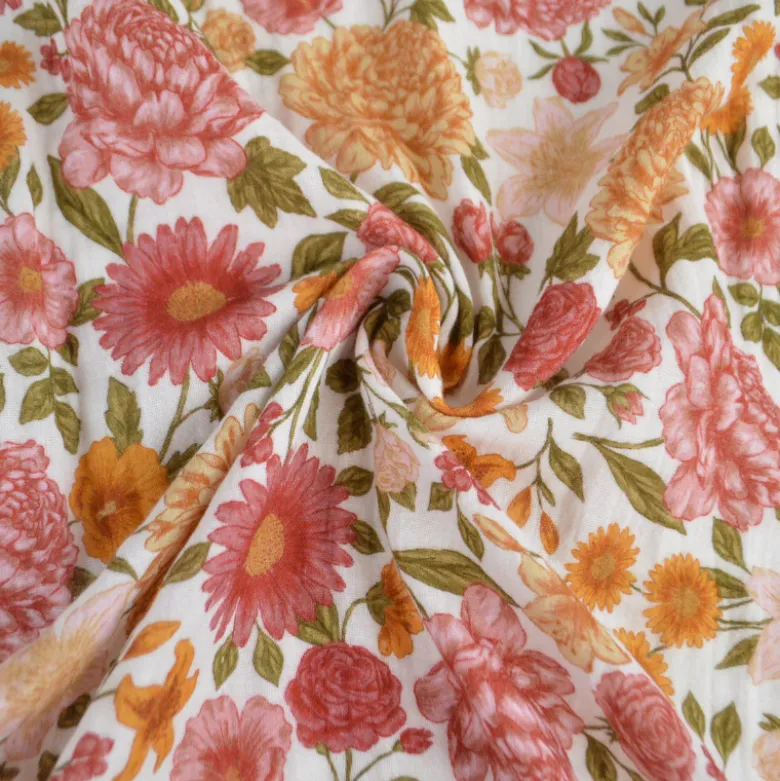 Tissu double gaze de coton Elisabeth motif fleurs tons roses et ocre
