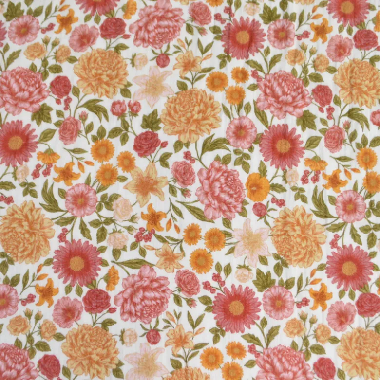 Tissu double gaze de coton Elisabeth motif fleurs tons roses et ocre