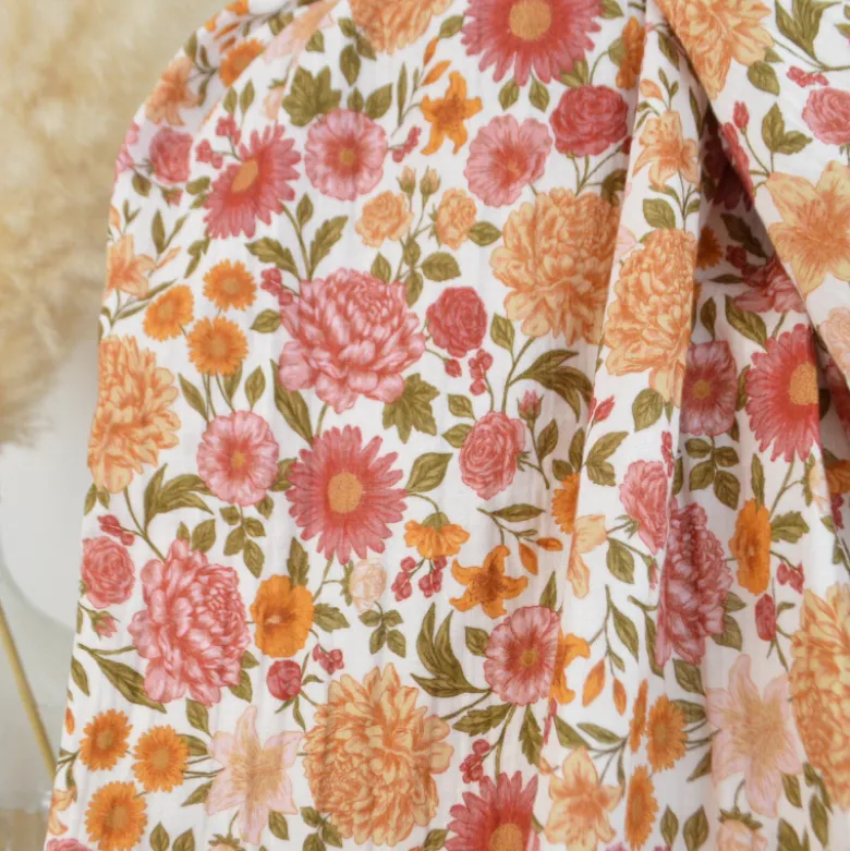 Tissu double gaze de coton Elisabeth motif fleurs tons roses et ocre