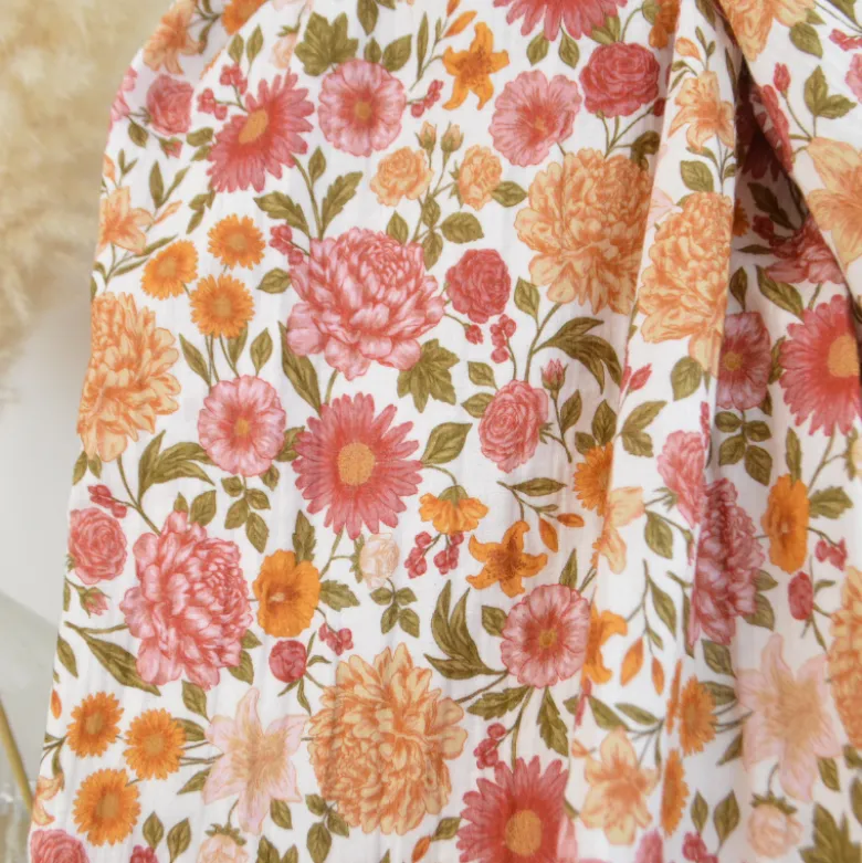Tissu double gaze de coton Elisabeth motif fleurs tons roses et ocre