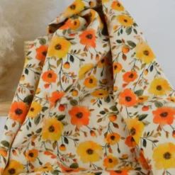 Tissu double gaze de coton Ezia fleurs orange et jaune