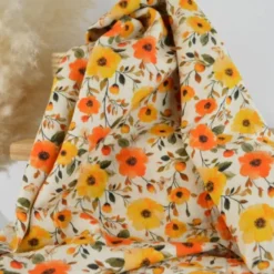 Tissu double gaze de coton Ezia fleurs orange et jaune