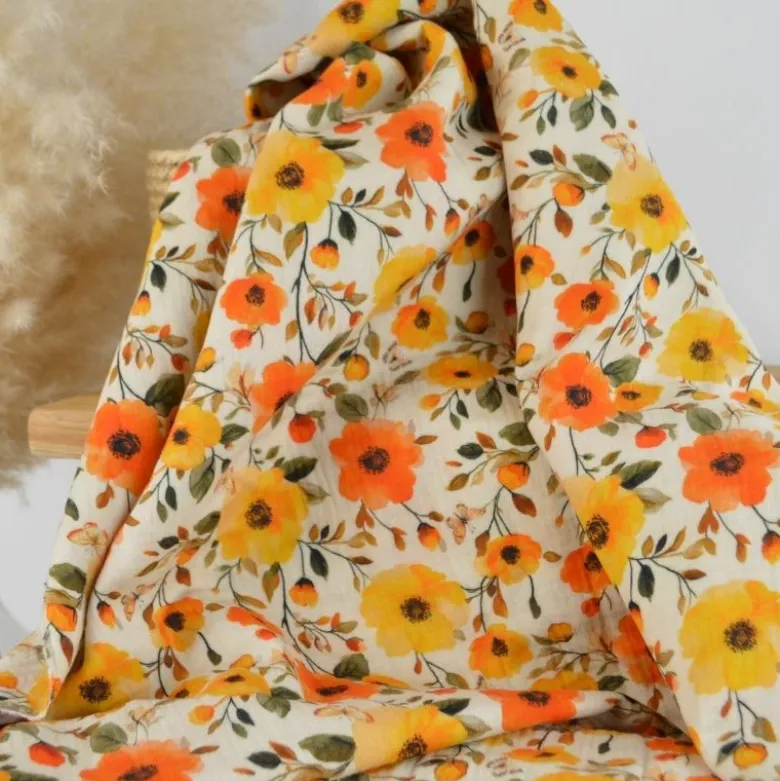 Tissu double gaze de coton Ezia fleurs orange et jaune