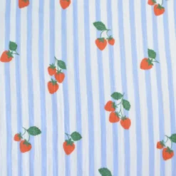 Tissu double gaze de coton Gariguette motif fraises et rayures bleues