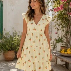 Tissu double gaze de coton Gariguette motif fraises et rayures jaunes