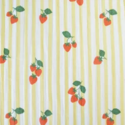 Tissu double gaze de coton Gariguette motif fraises et rayures jaunes