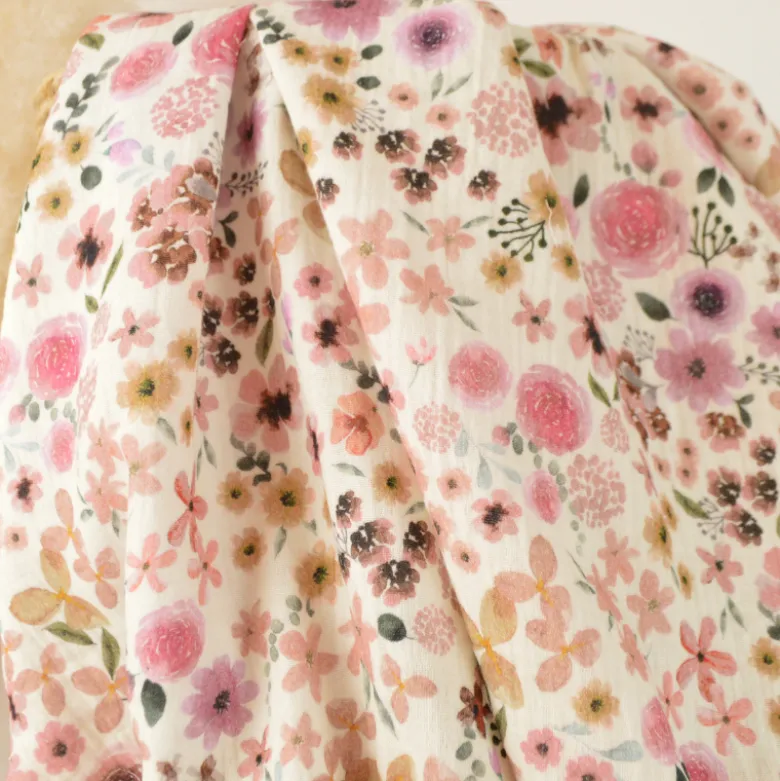 Tissu double gaze de coton Hortense Oeko-Tex fleurs violettes fond écru