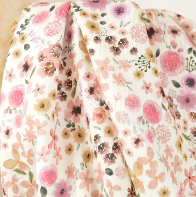 Tissu double gaze de coton Hortense Oeko-Tex fleurs violettes fond écru
