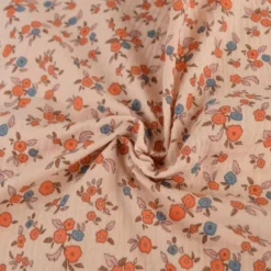 Tissu double gaze de coton June fleurs fond rose skin