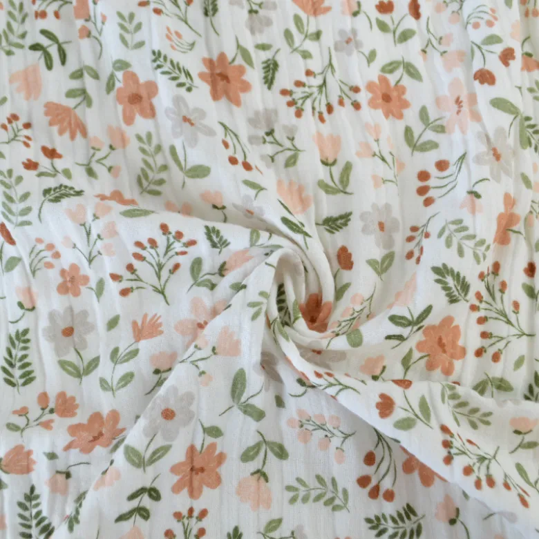 Tissu double gaze de coton Leopold motif fleurs des champs Marsala