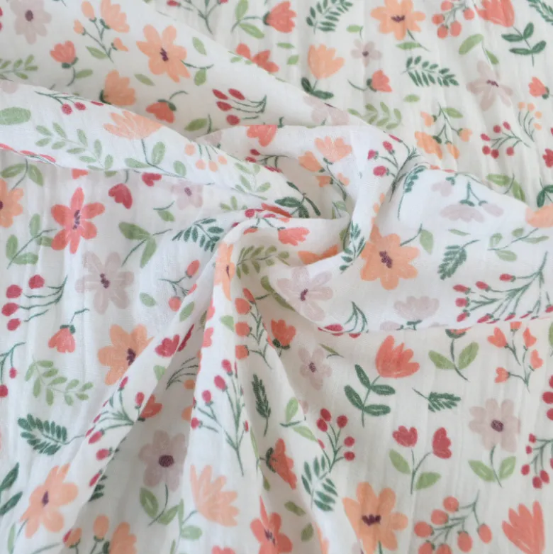 Tissu double gaze de coton Leopold motif fleurs des champs Rose