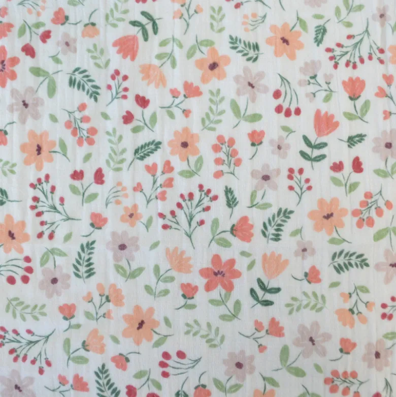Tissu double gaze de coton Leopold motif fleurs des champs Rose