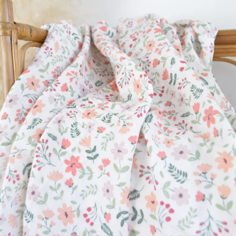 Tissu double gaze de coton Leopold motif fleurs des champs Rose
