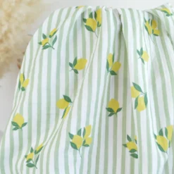 Tissu double gaze de coton Limoncello motif citrons et rayures Amande