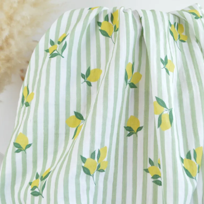 Tissu double gaze de coton Limoncello motif citrons et rayures Amande