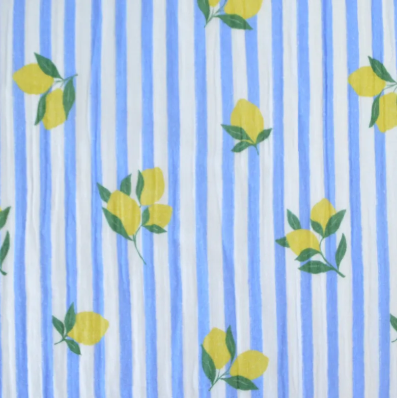 Tissu double gaze de coton Limoncello motif citrons et rayures bleues