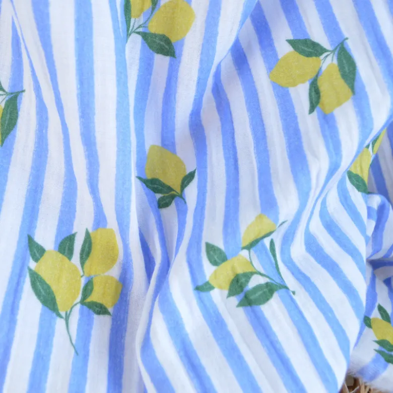 Tissu double gaze de coton Limoncello motif citrons et rayures bleues
