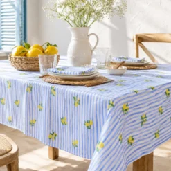 Tissu double gaze de coton Limoncello motif citrons et rayures bleues