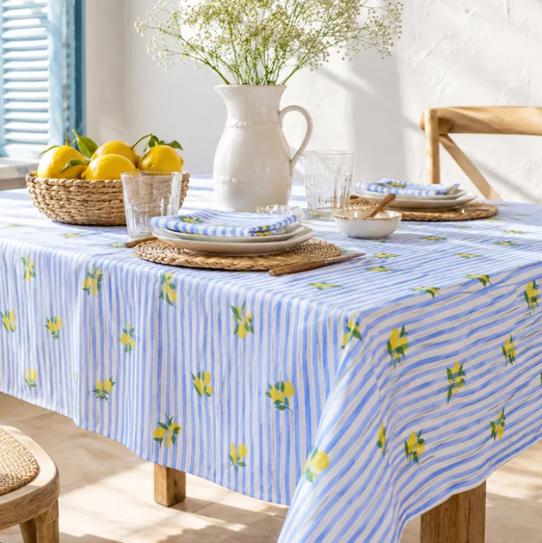 Tissu double gaze de coton Limoncello motif citrons et rayures bleues