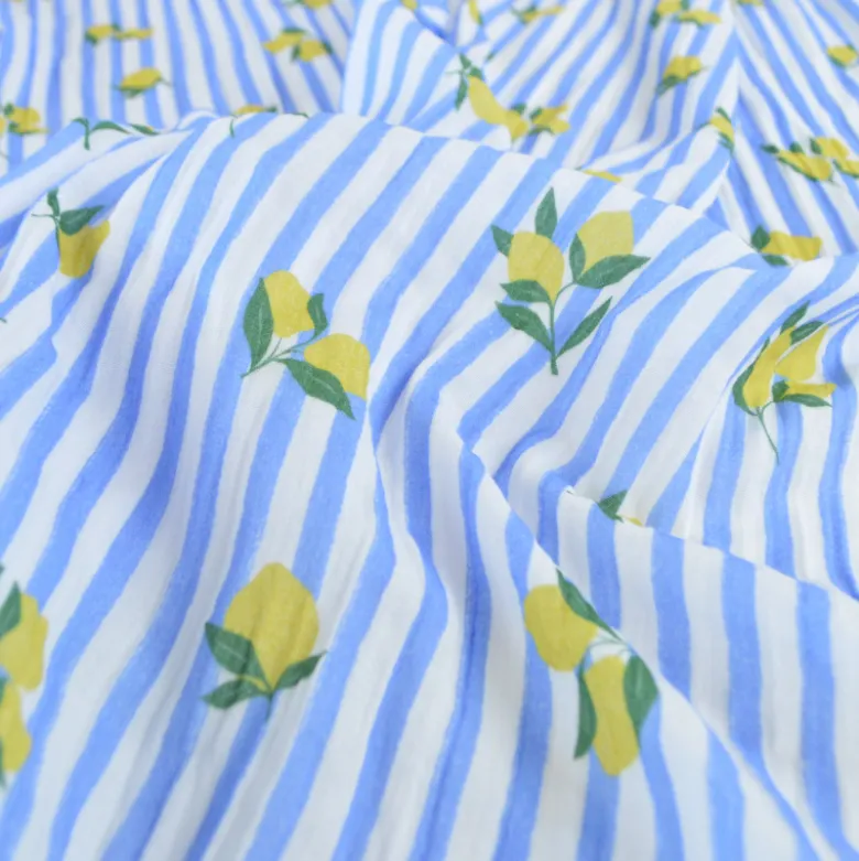 Tissu double gaze de coton Limoncello motif citrons et rayures bleues