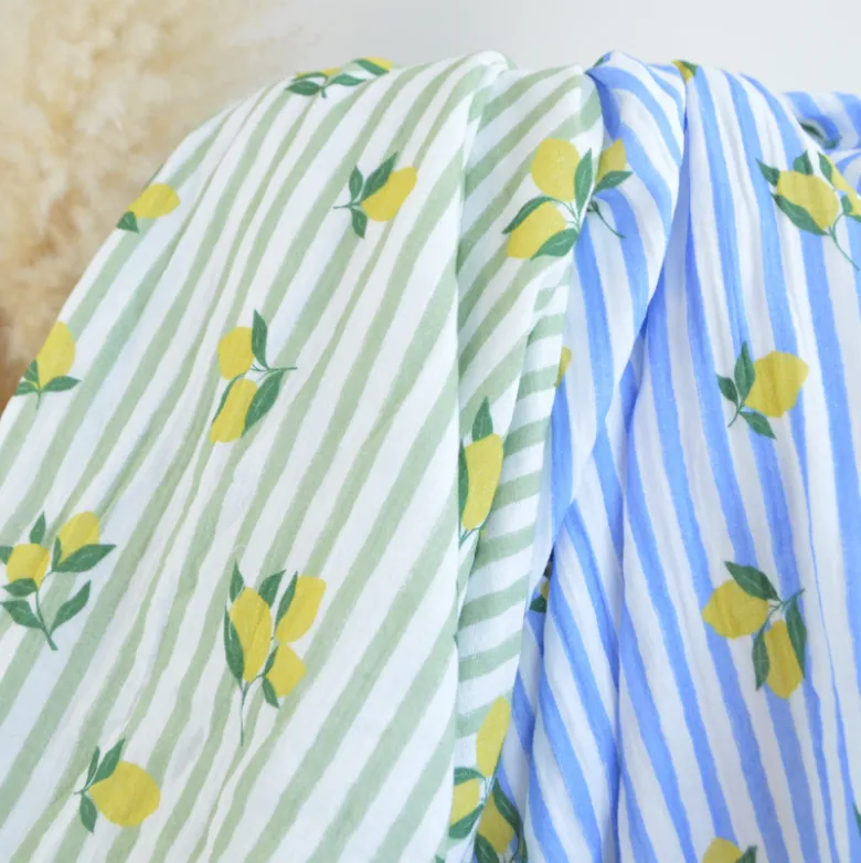Tissu double gaze de coton Limoncello motif citrons et rayures bleues