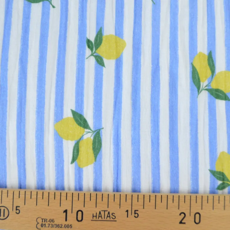 Tissu double gaze de coton Limoncello motif citrons et rayures bleues