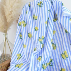 Tissu double gaze de coton Limoncello motif citrons et rayures bleues