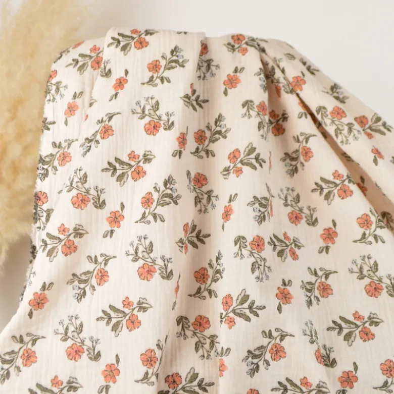Tissu double gaze de coton Lina fleurs fond Latté