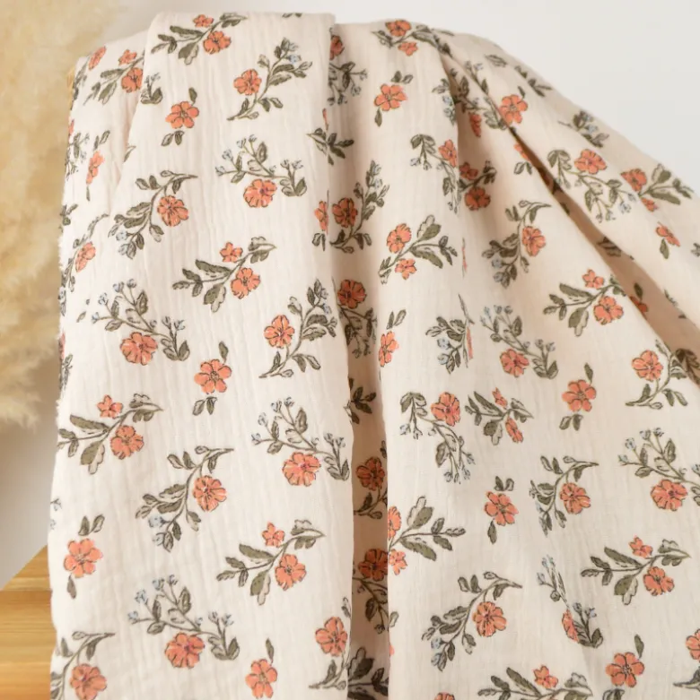 Tissu double gaze de coton Lina fleurs fond Latté