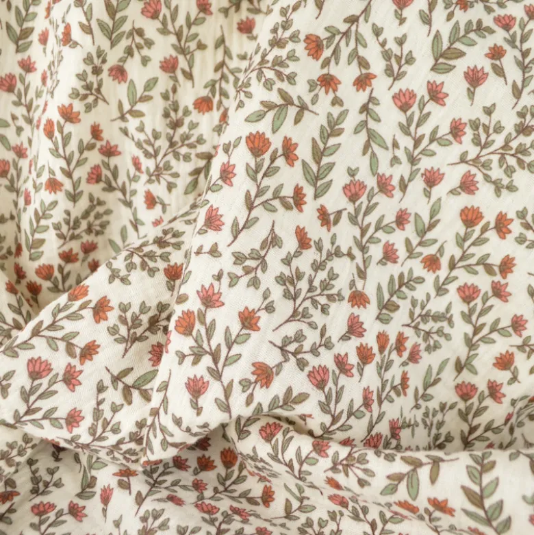 Tissu double gaze de coton Madeleine fleurs terracotta fond écru