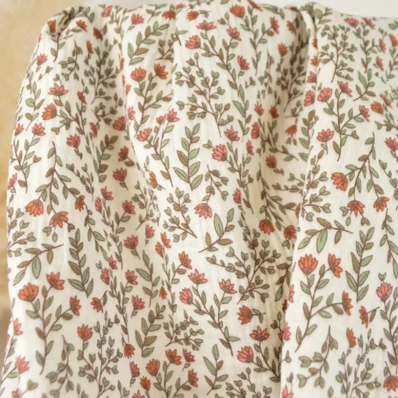 Tissu double gaze de coton Madeleine fleurs terracotta fond écru