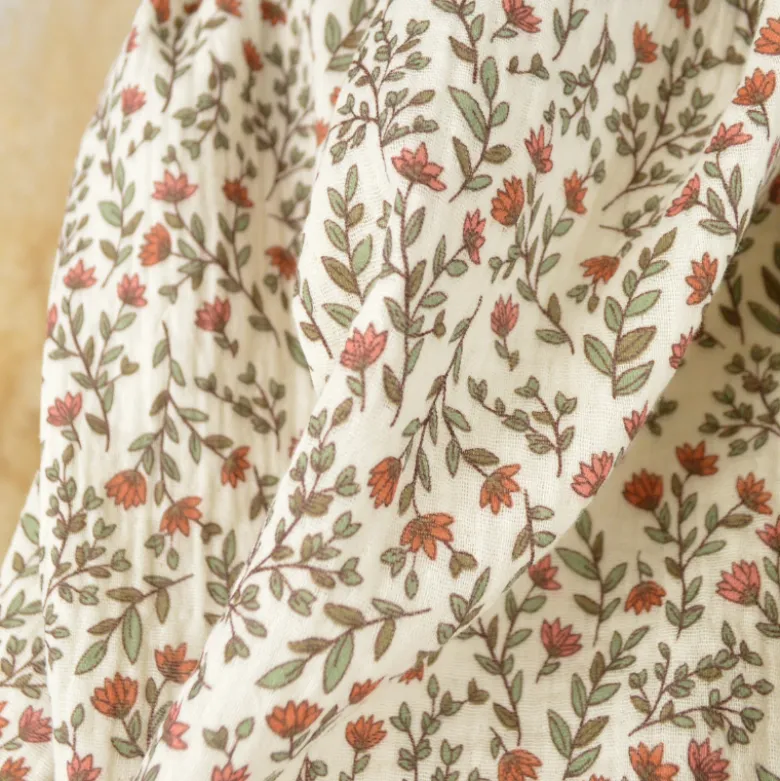 Tissu double gaze de coton Madeleine fleurs terracotta fond écru