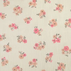 Tissu double gaze de coton Molisa fleurs rose fond écru