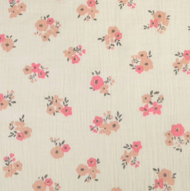 Tissu double gaze de coton Molisa fleurs rose fond écru
