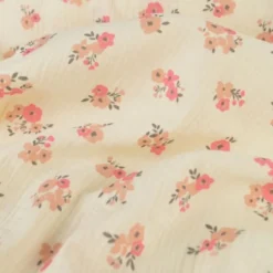 Tissu double gaze de coton Molisa fleurs rose fond écru