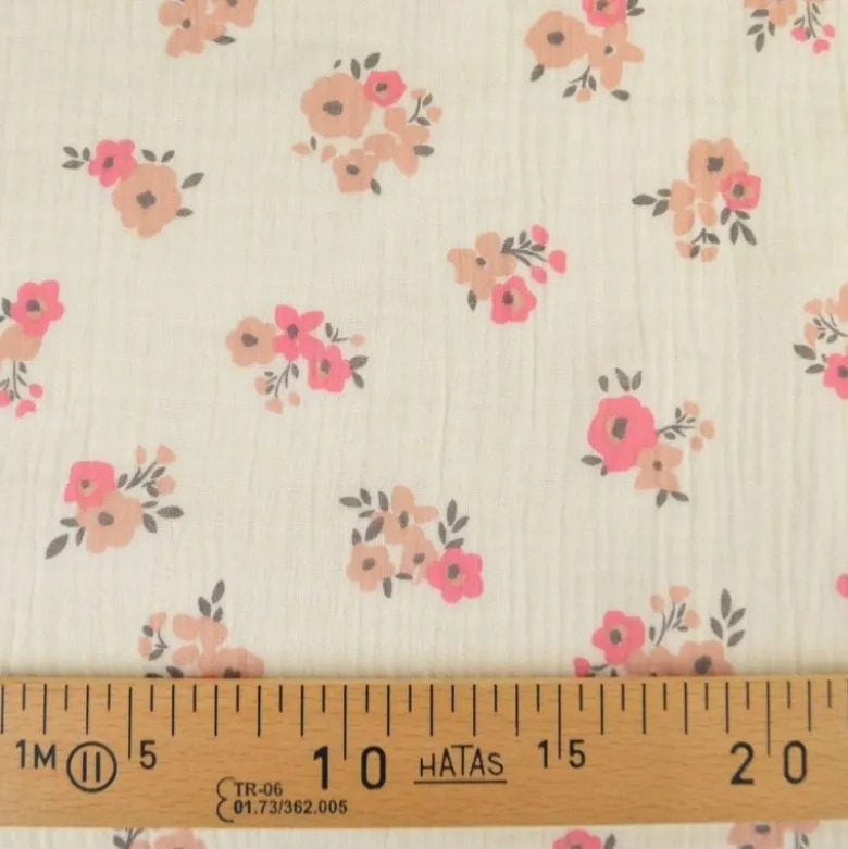 Tissu double gaze de coton Molisa fleurs rose fond écru