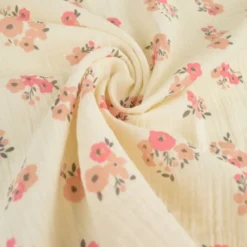 Tissu double gaze de coton Molisa fleurs rose fond écru