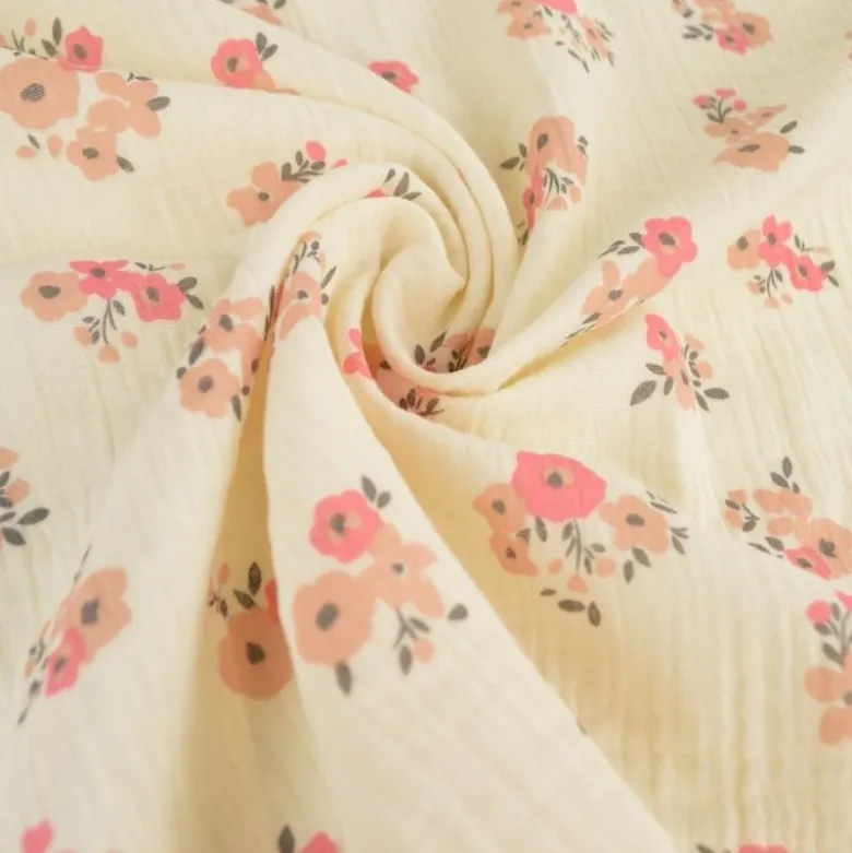 Tissu double gaze de coton Molisa fleurs rose fond écru