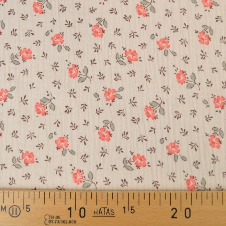 Tissu double gaze de coton Olympe fleurs rose fond latté