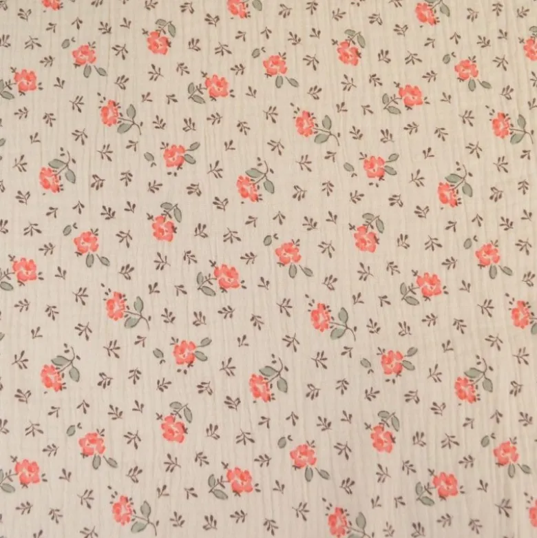 Tissu double gaze de coton Olympe fleurs rose fond latté