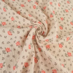 Tissu double gaze de coton Olympe fleurs rose fond latté