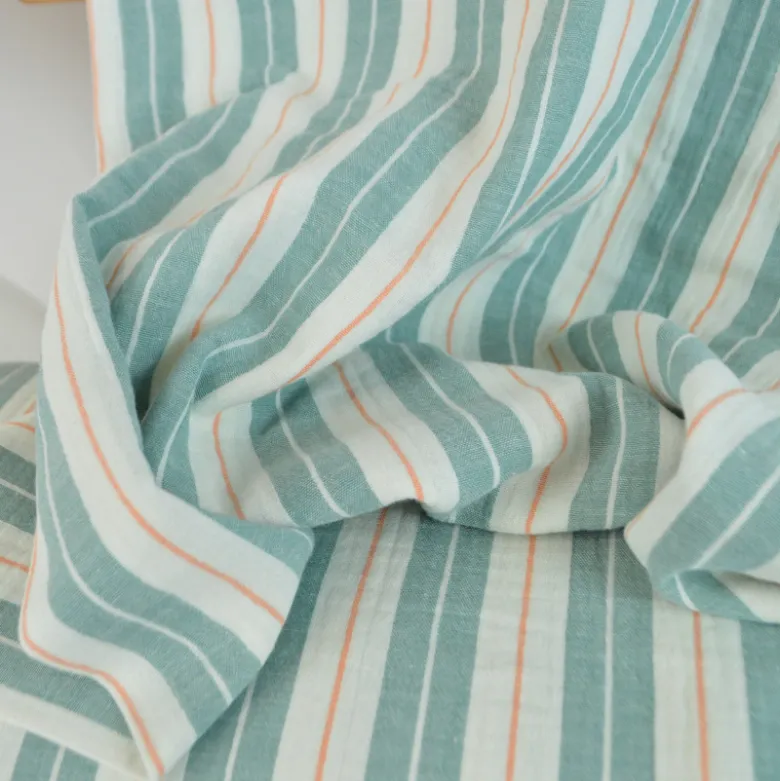 Tissu double gaze de coton Poppy motif rayures bleues fond naturel - OEKO TEX