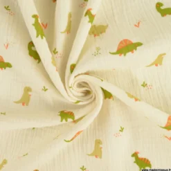 Tissu Double gaze Didi motif dinosaure fond Ecru - OEKO TEX